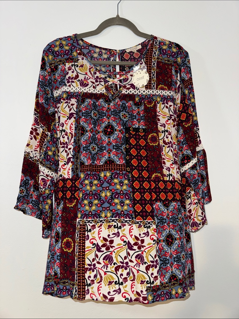 ODDI Patchwork Floral Boho Tunic, Burgundy, Blue, Cream, Size 1X